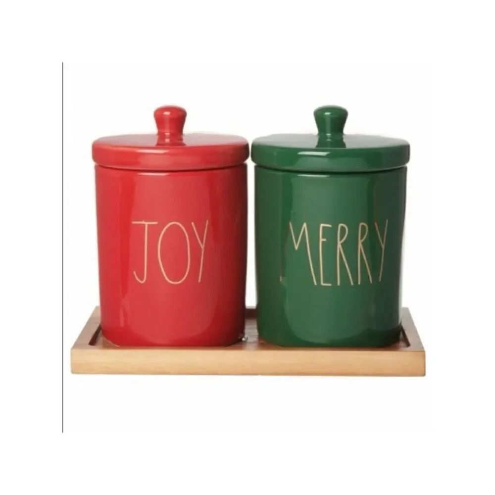 NWT Rae Dunn 3 Pcs Joy & Merry Red Green Container Set Gold Letters & Wood Base
